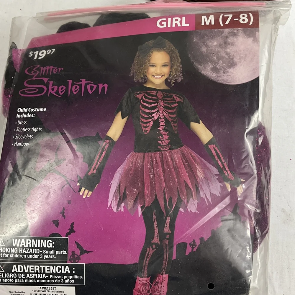 Halloween Costume Girl M 7-8 Pink Black Glitter Skeleton Dress Sleeve Tights Bow